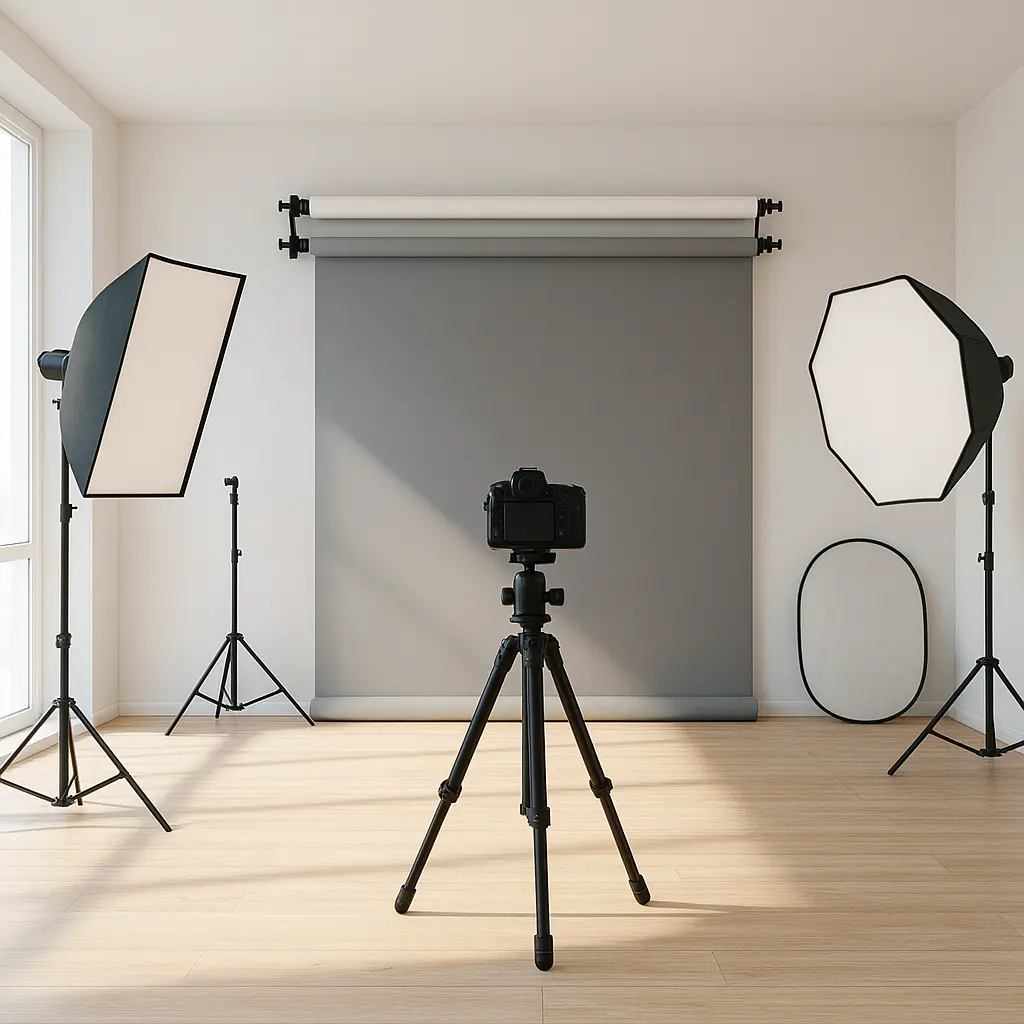 Modernes Fotostudio in Zürich mit Softboxen und Hintergrundrollen